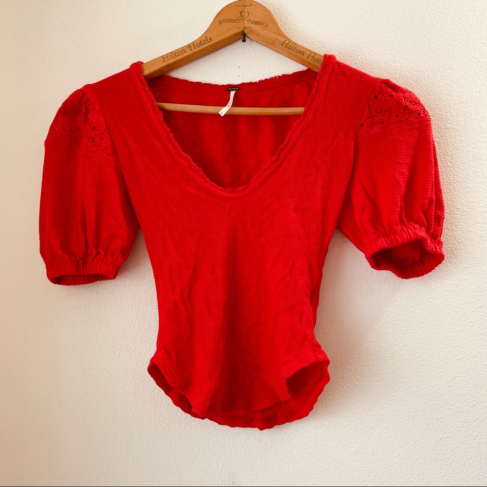 Free People waffle knit top puff sleeve XS